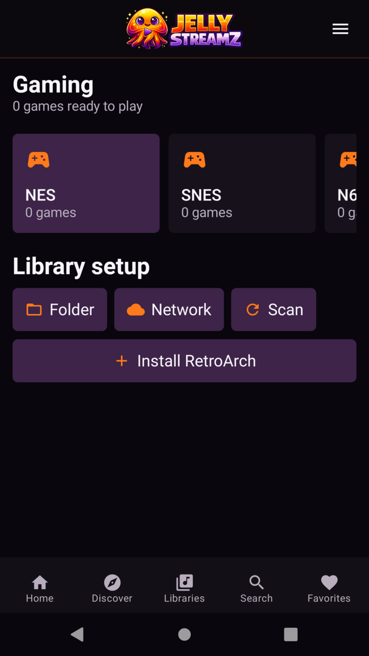 JellyStreamz Gaming Home screen on Gaming on phone
