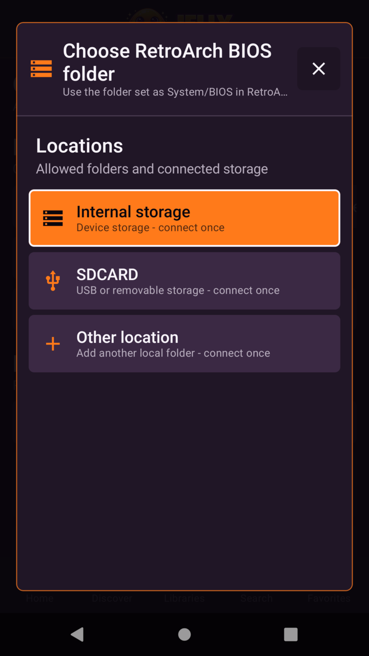 JellyStreamz Folder Picker screen on Gaming on phone