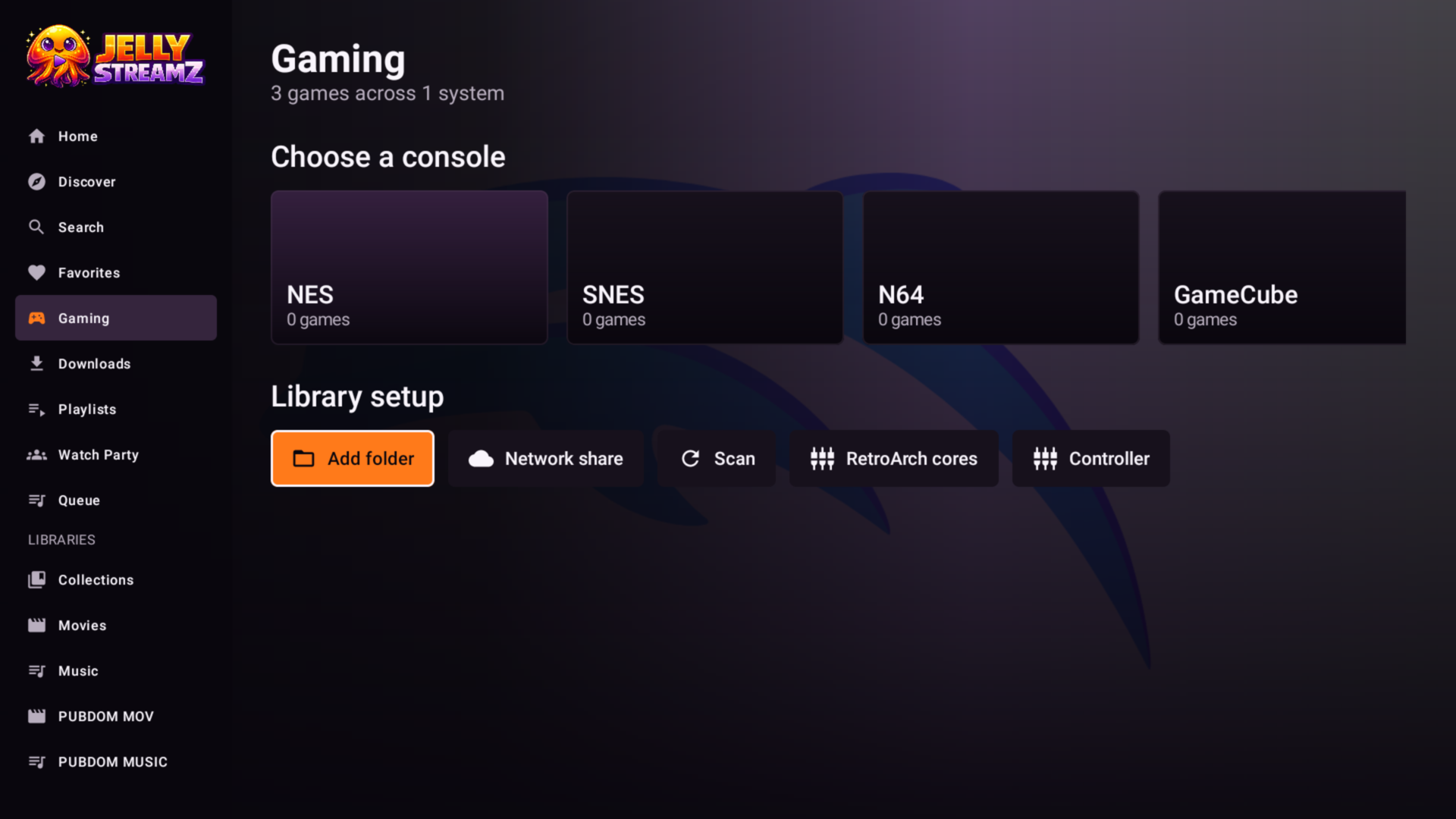 JellyStreamz Gaming Home screen on Gaming on TV