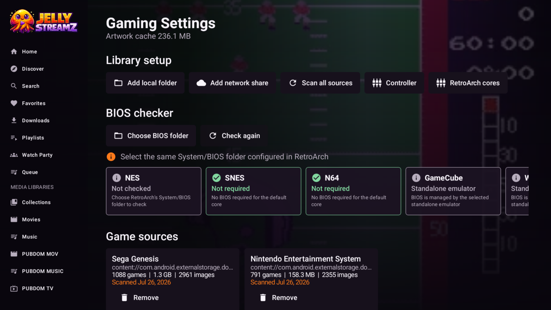 JellyStreamz Gaming Settings screen on Gaming on TV
