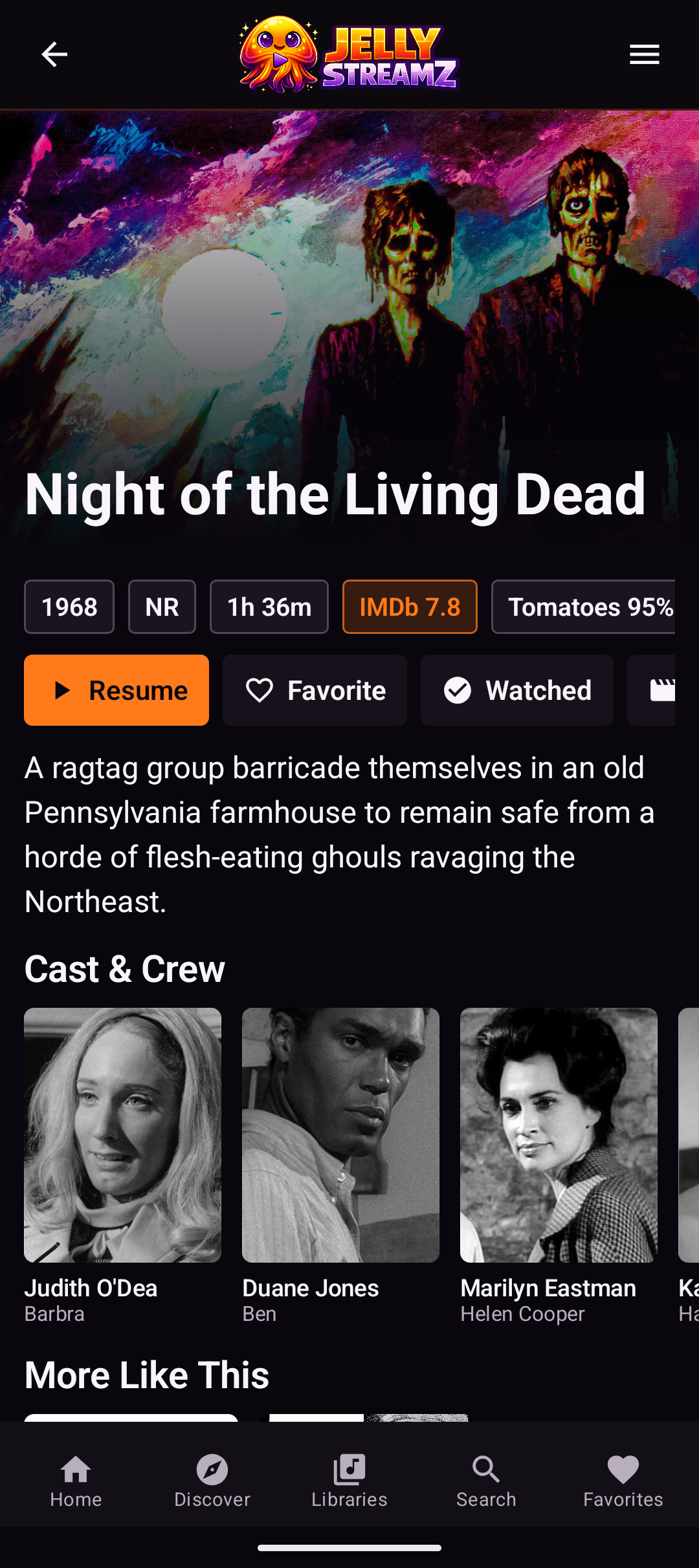 JellyStreamz Movie Detail screen on Android phone