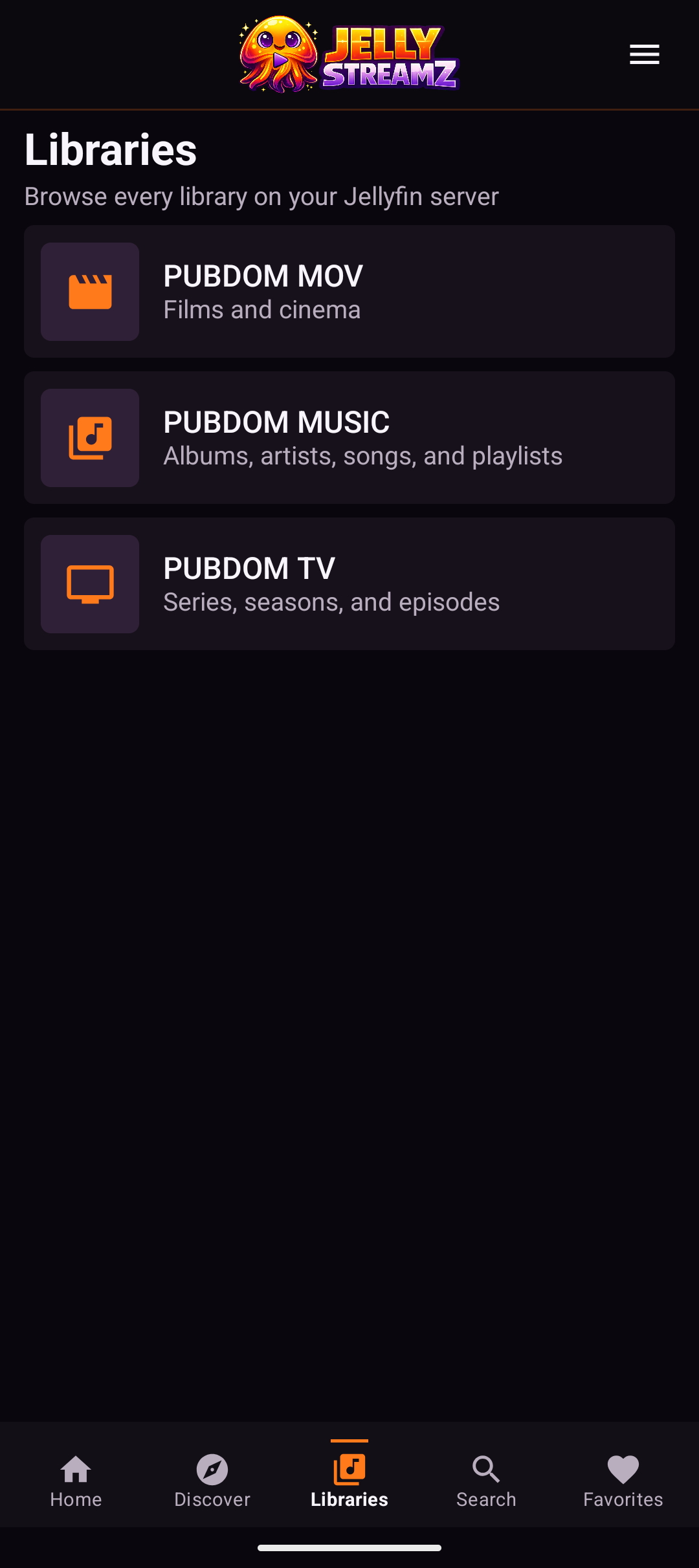 JellyStreamz Libraries screen on Android phone