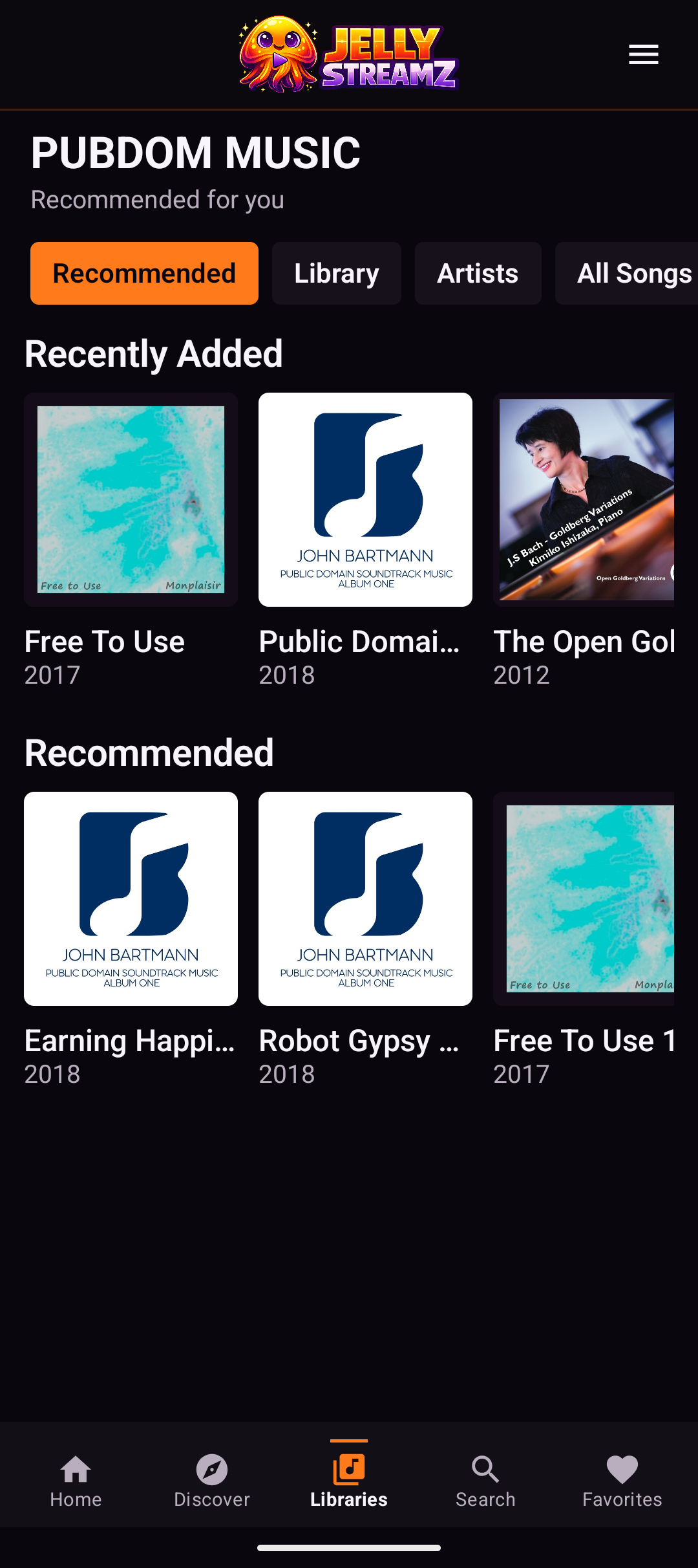 JellyStreamz Music Recommended screen on Android phone