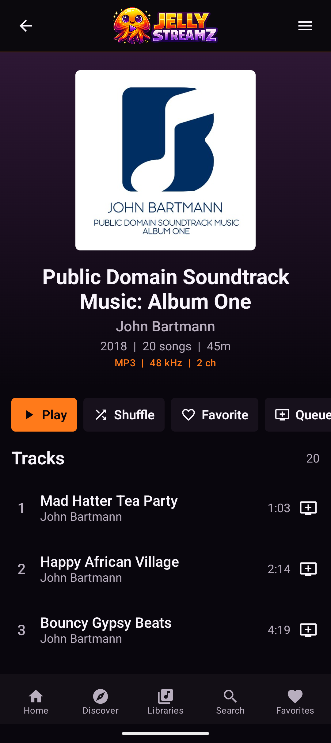 JellyStreamz Album Detail screen on Android phone