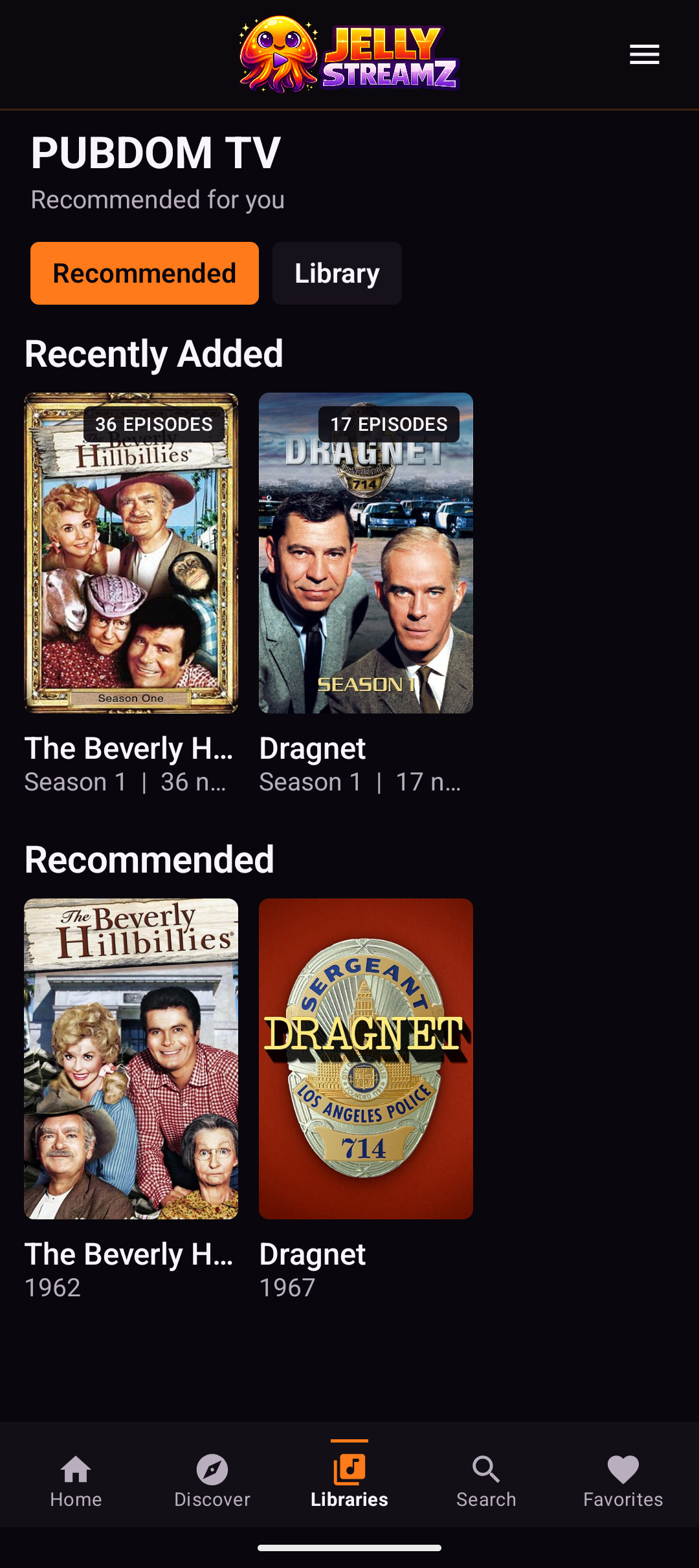 JellyStreamz TV Recommended screen on Android phone