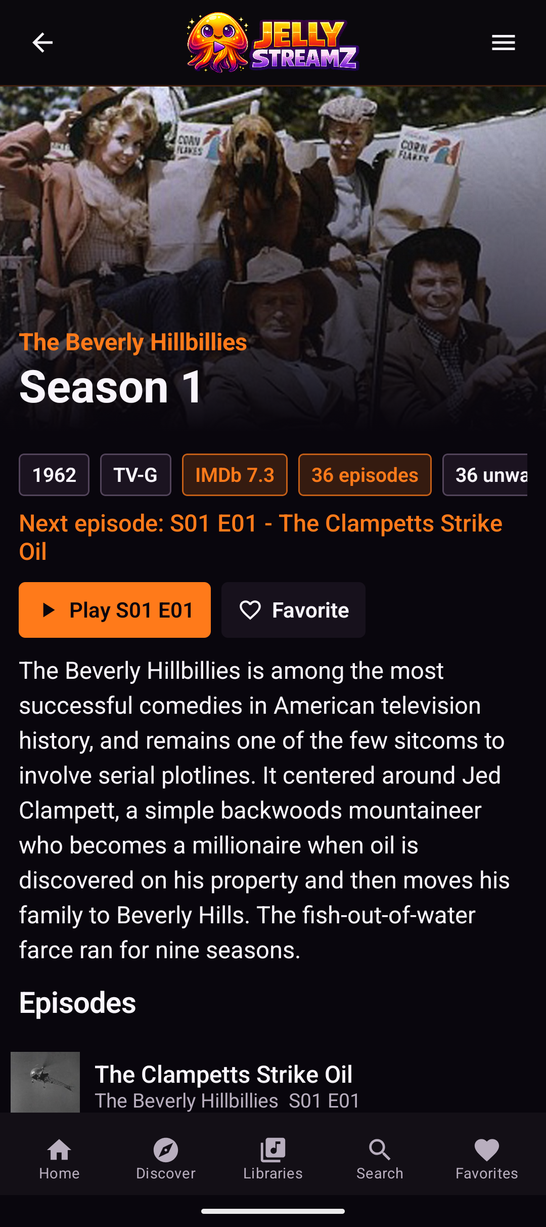 JellyStreamz Season Episodes screen on Android phone