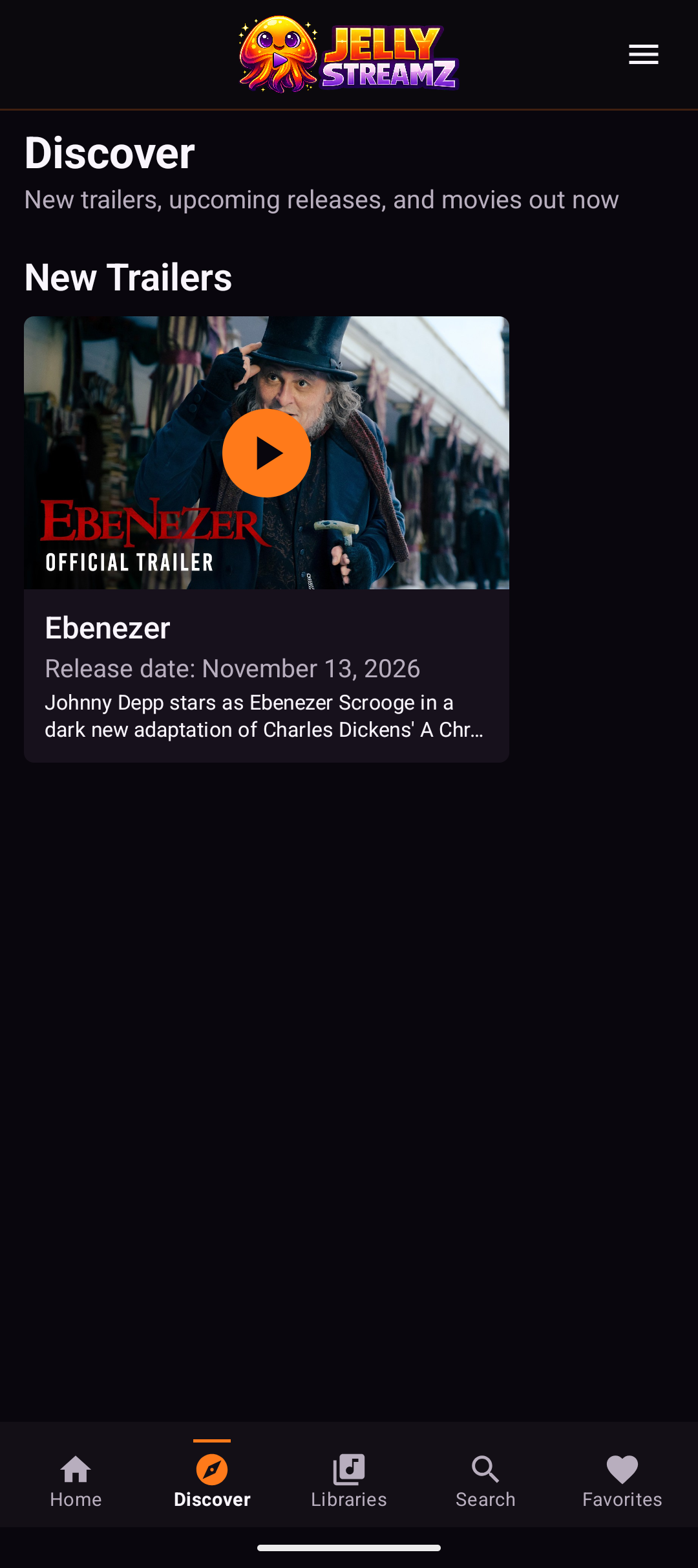 JellyStreamz Discover screen on Android phone