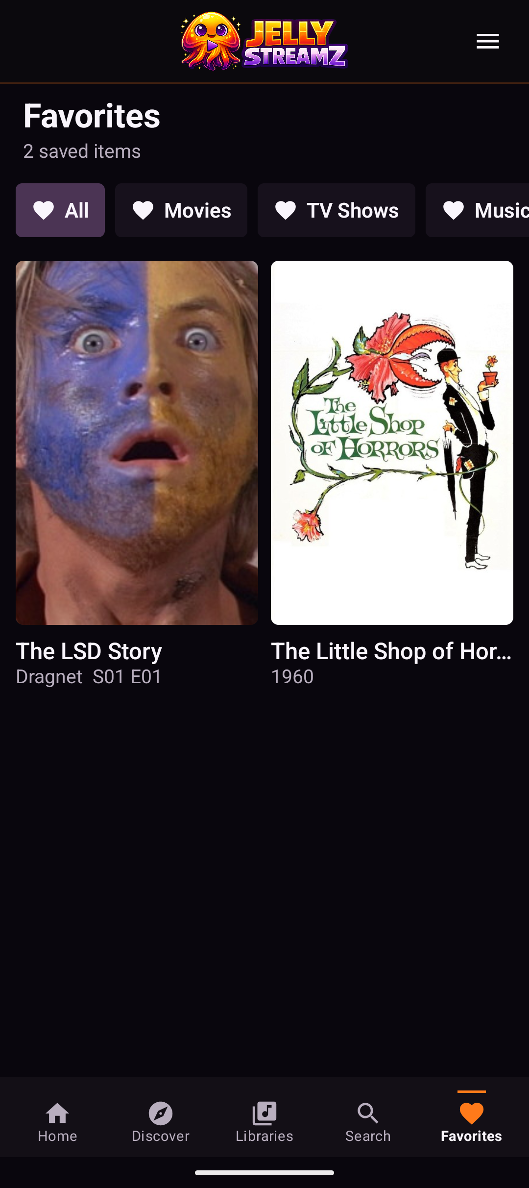 JellyStreamz Favorites screen on Android phone