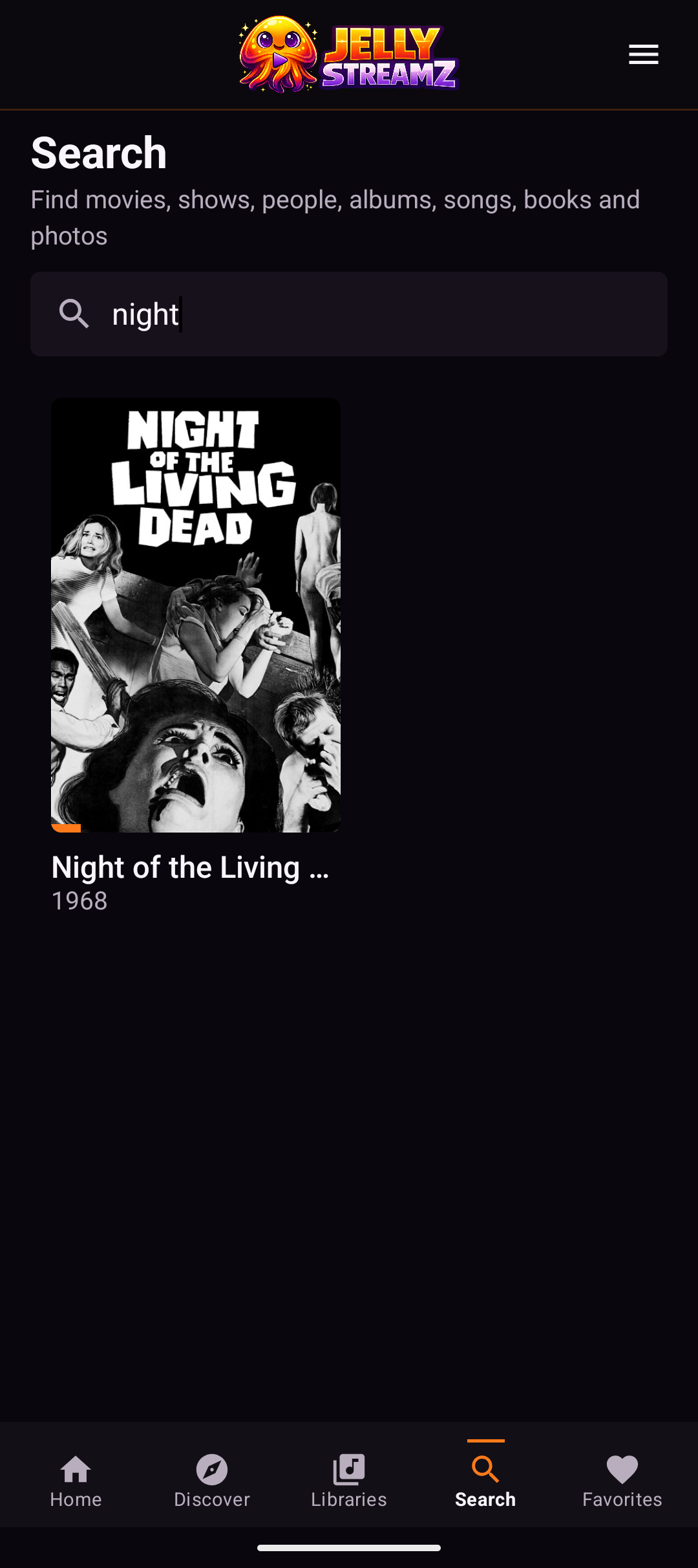 JellyStreamz Search Results screen on Android phone
