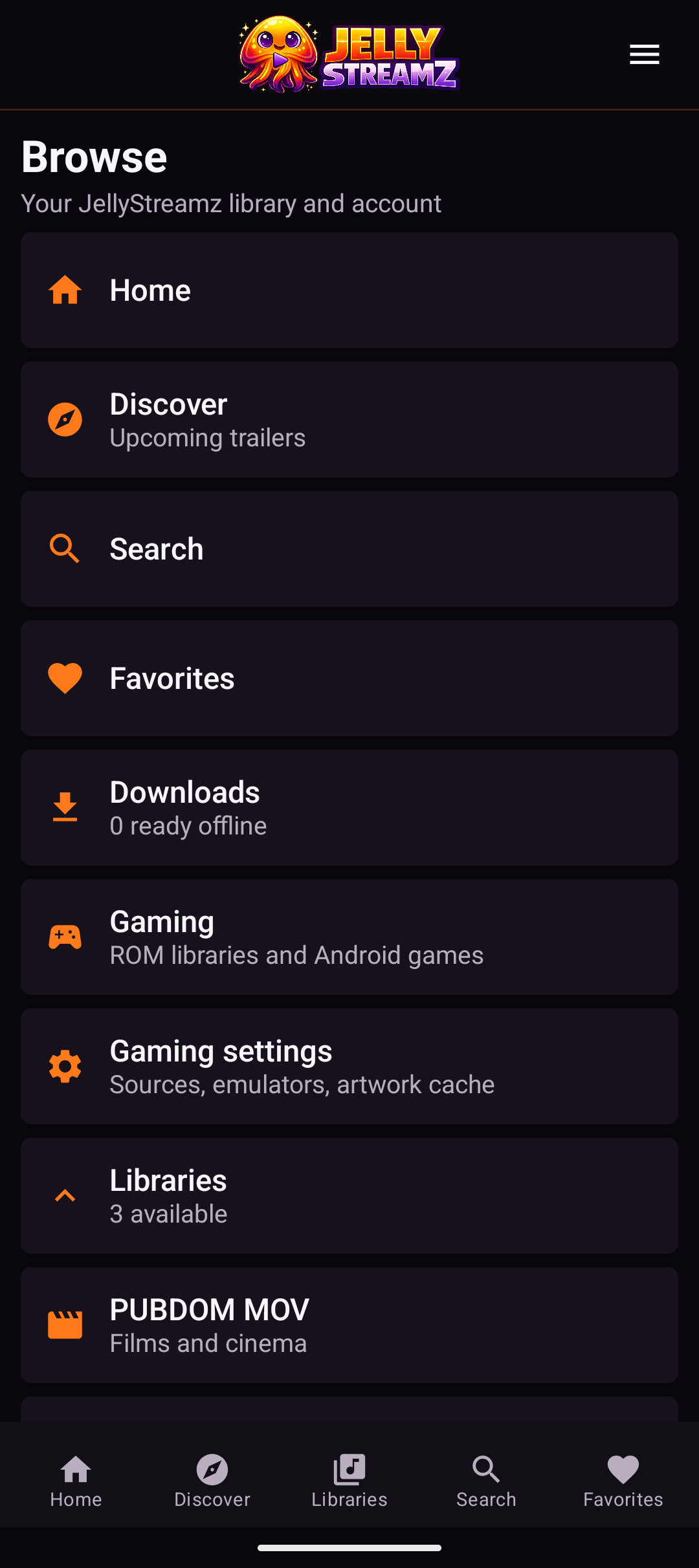 JellyStreamz Menu screen on Android phone