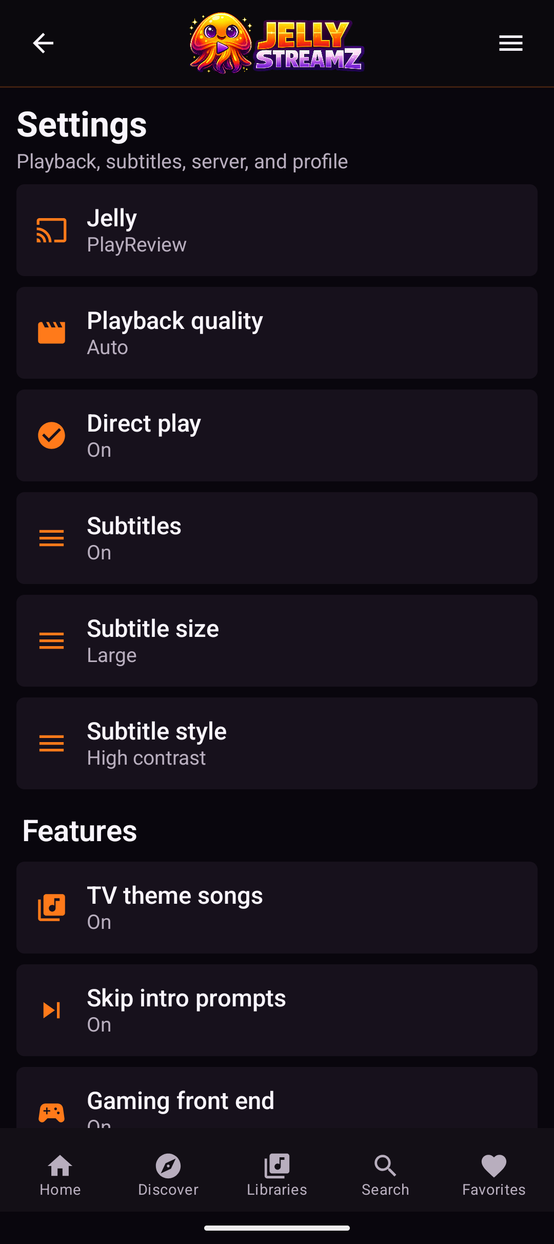 JellyStreamz Settings screen on Android phone