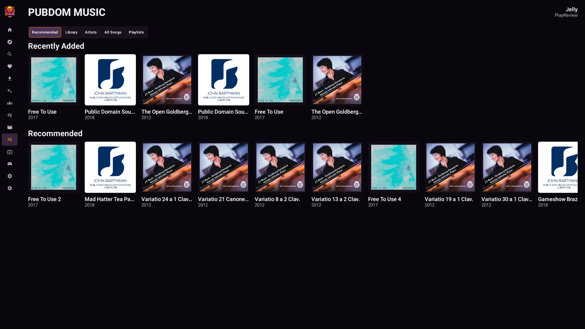 JellyStreamz Music Recommended screen on Android TV and Shield