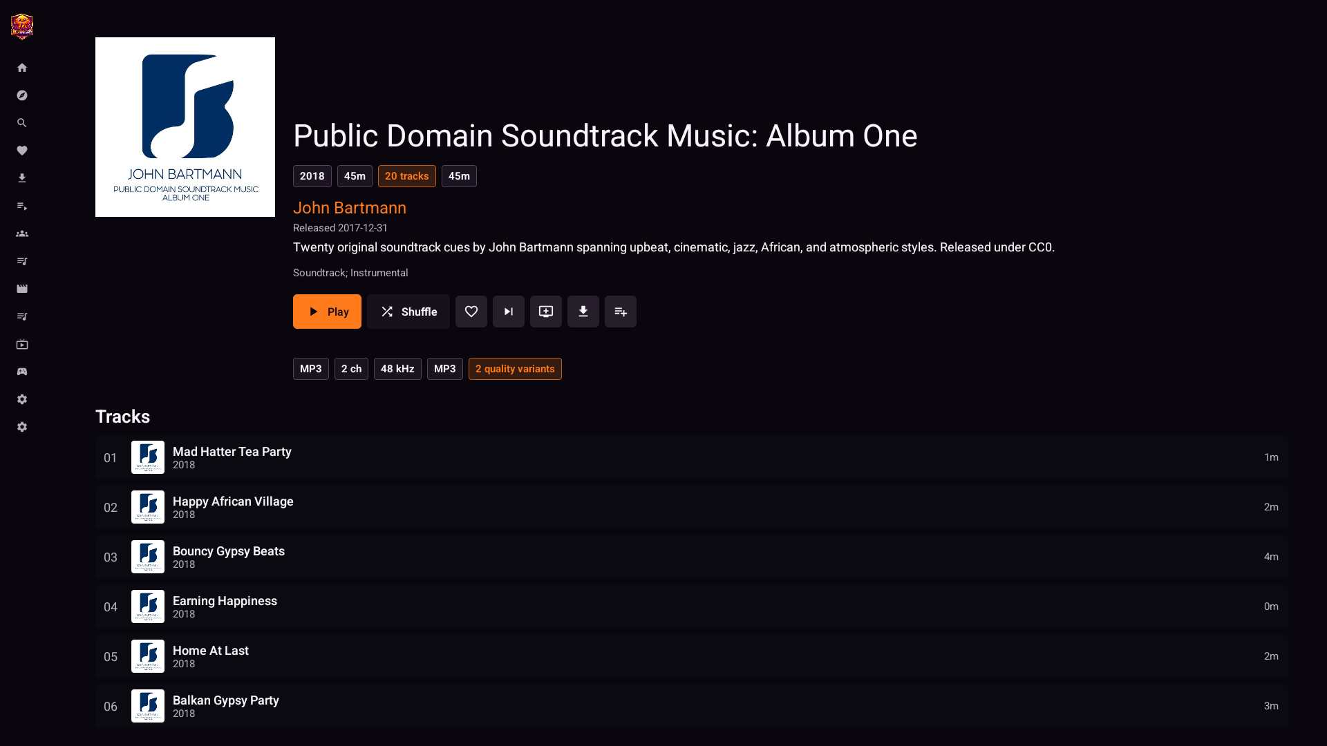 JellyStreamz Album Detail screen on Android TV and Shield