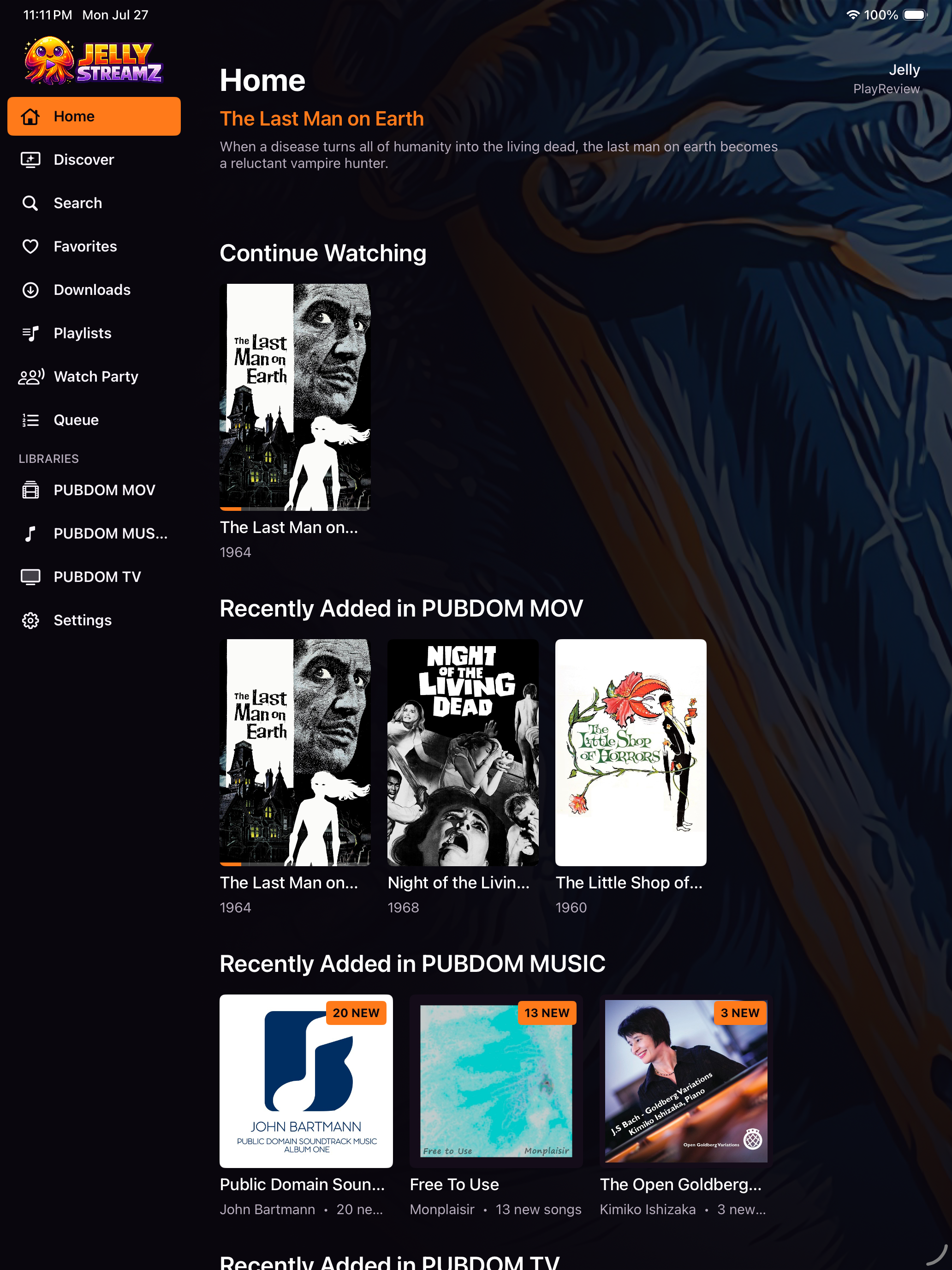 JellyStreamz home screen on iPad