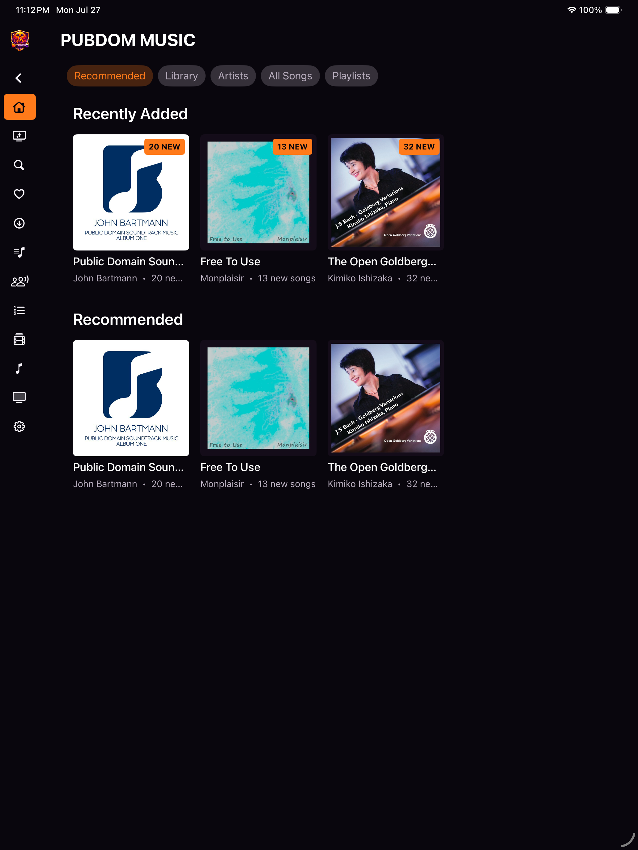JellyStreamz Music Library screen on iPad