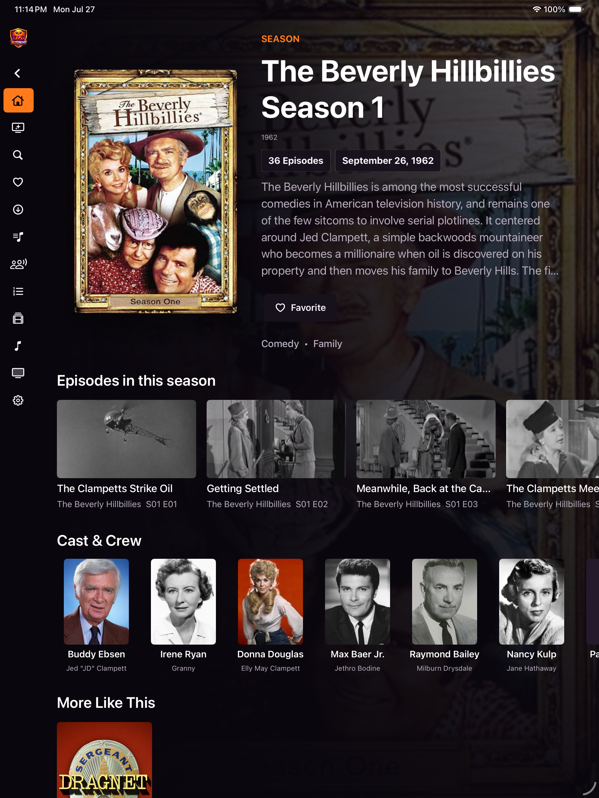 JellyStreamz Season Episodes screen on iPad
