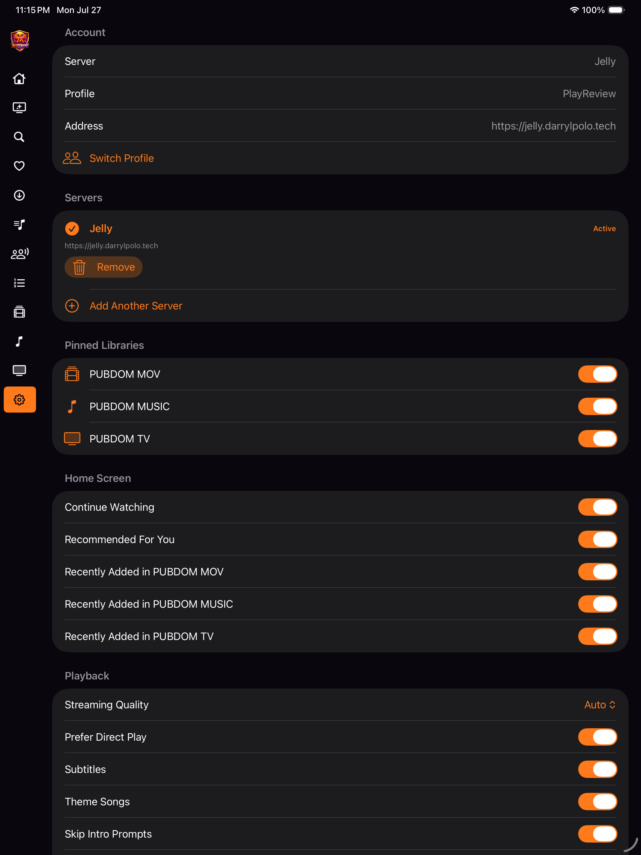 JellyStreamz Settings screen on iPad