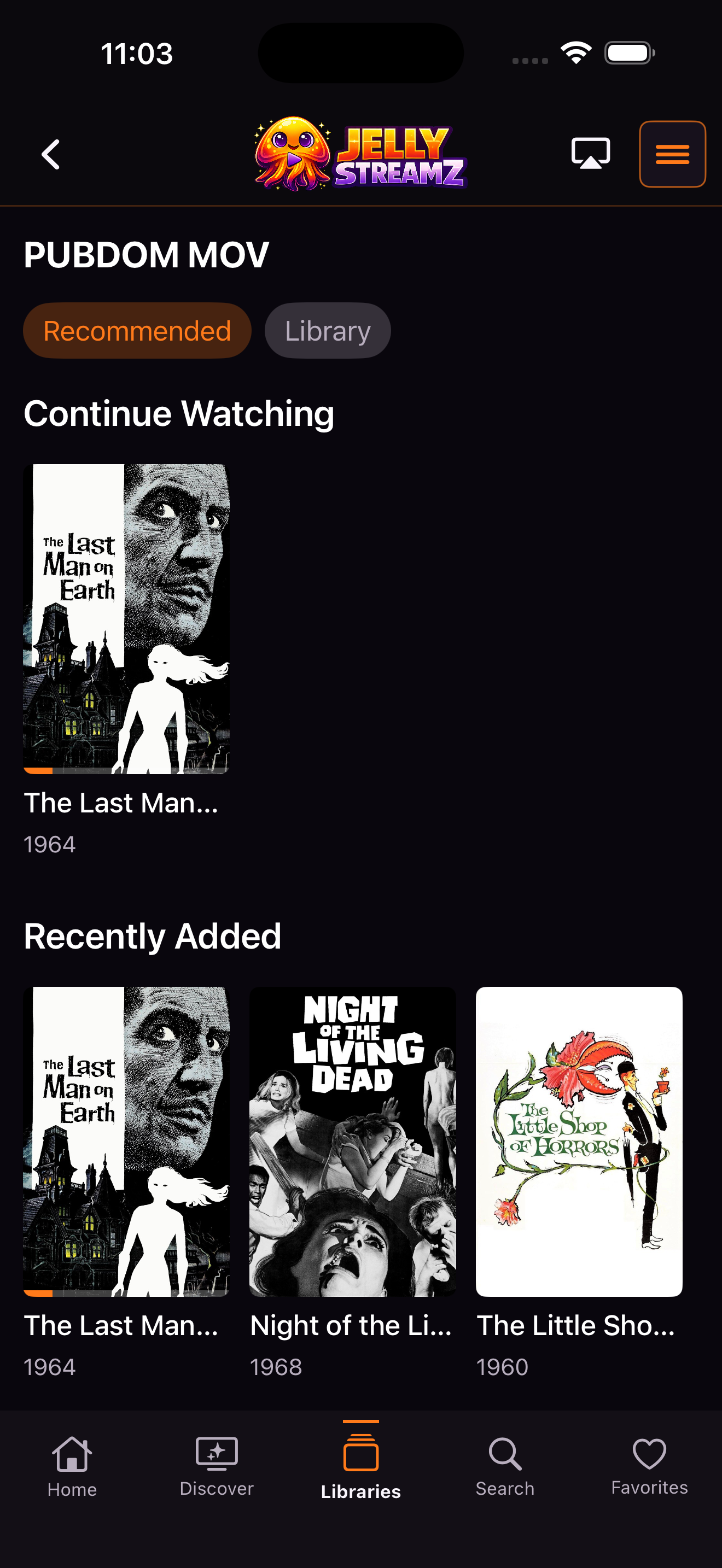 JellyStreamz Movies Recommended screen on iPhone