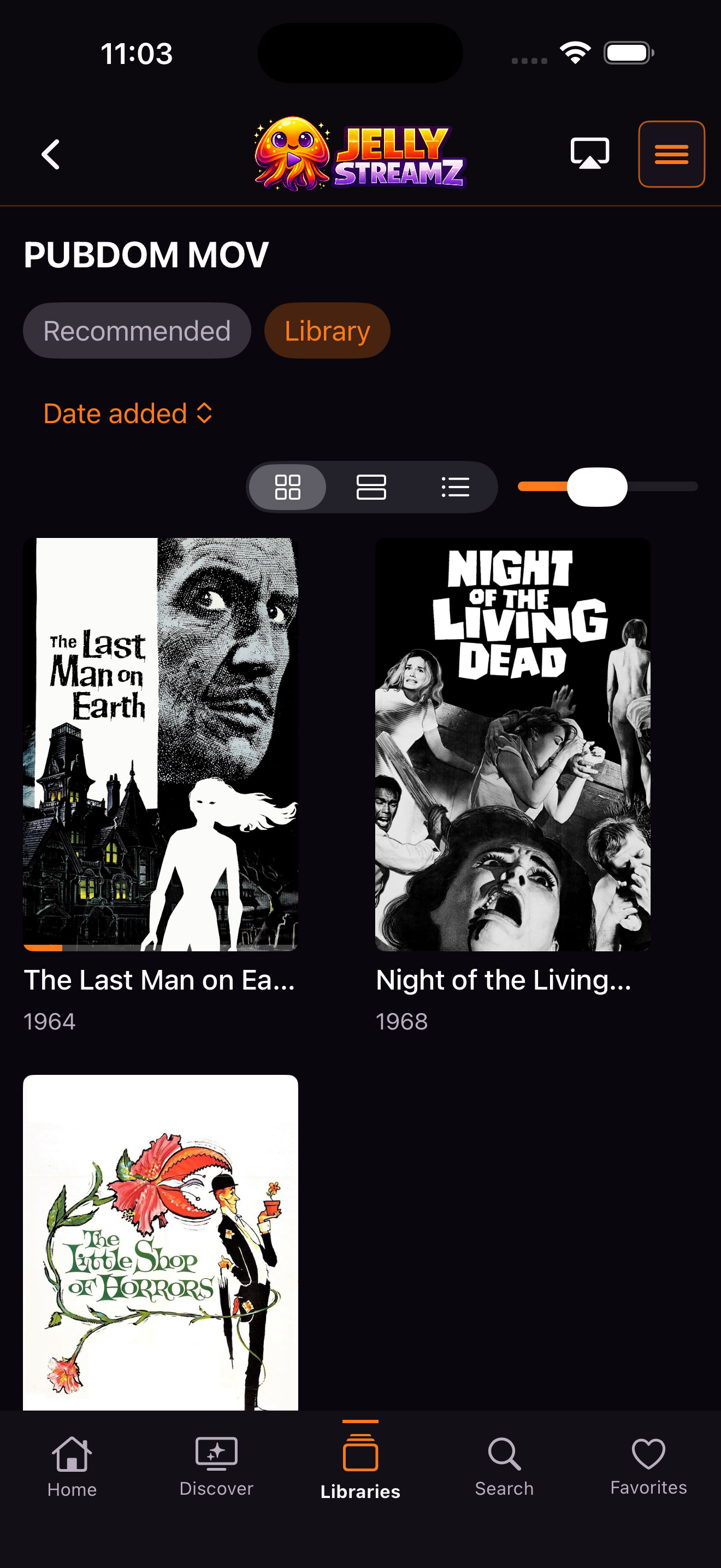 JellyStreamz Movie Library screen on iPhone