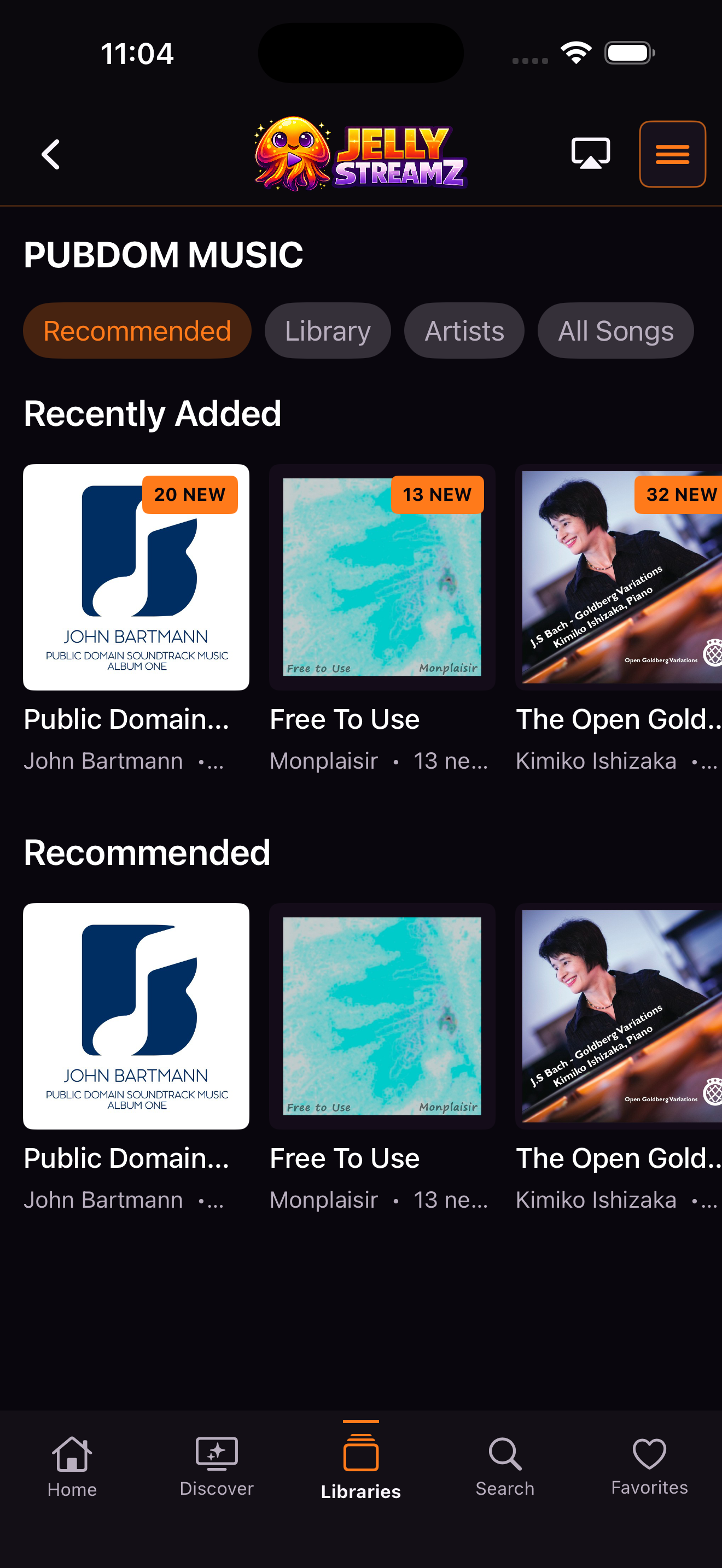 JellyStreamz Music Recommended screen on iPhone