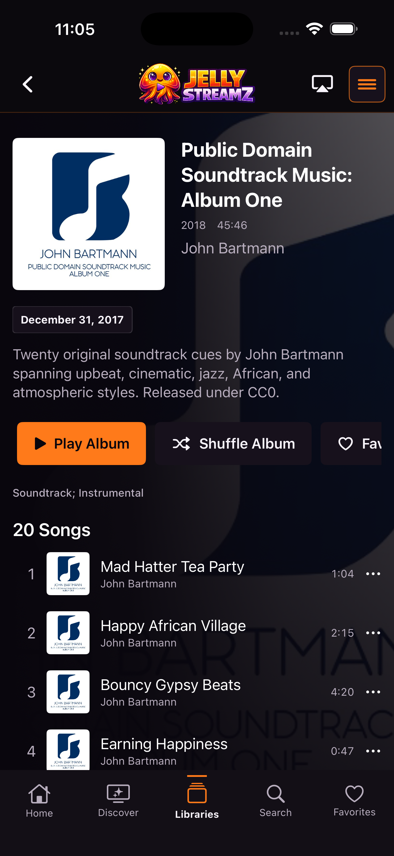 JellyStreamz Album Detail screen on iPhone