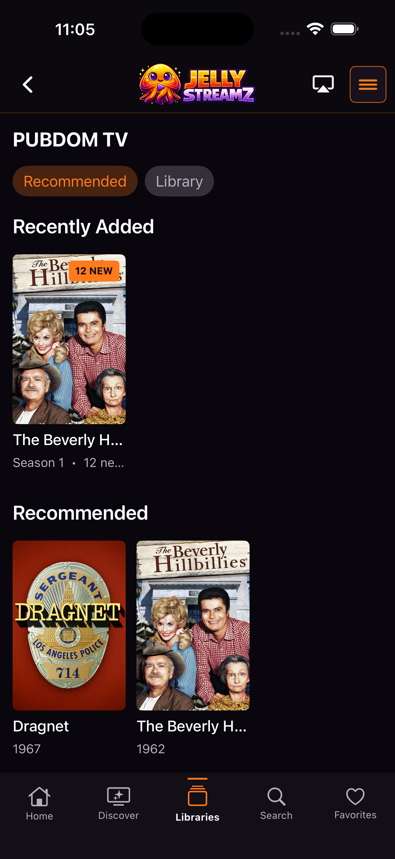 JellyStreamz TV Recommended screen on iPhone
