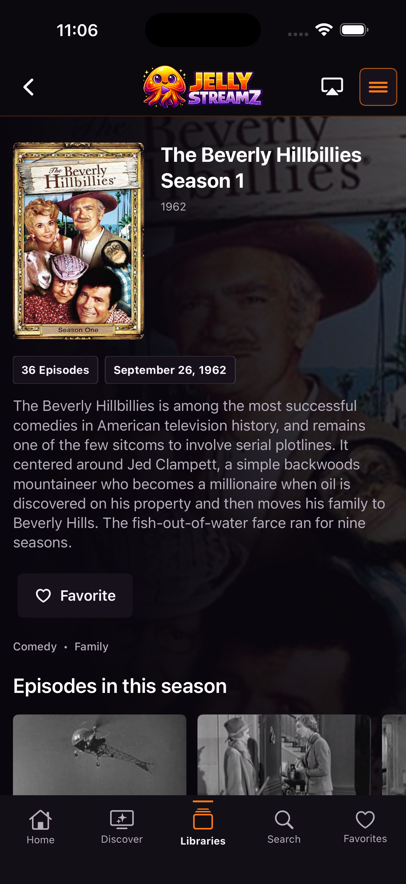 JellyStreamz Season Episodes screen on iPhone