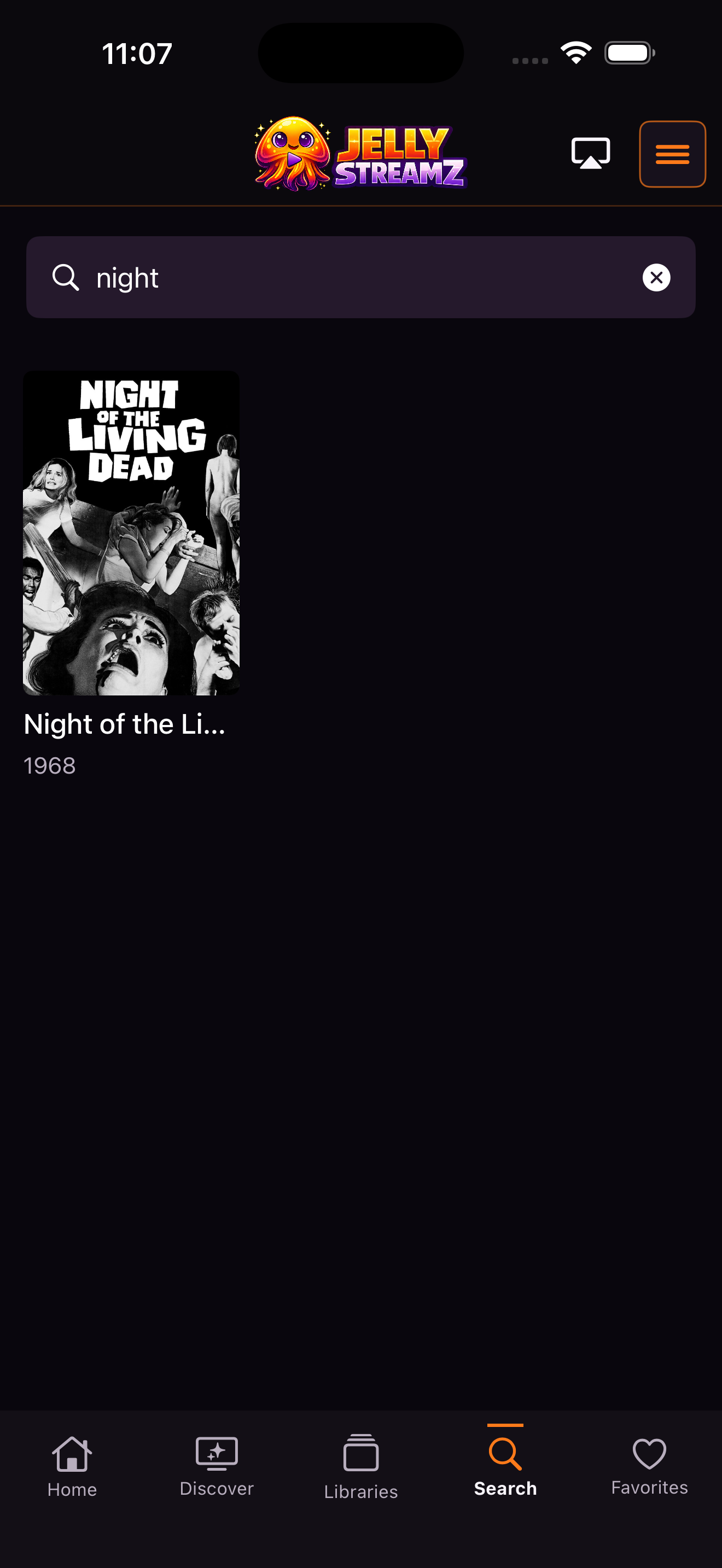 JellyStreamz Search Results screen on iPhone