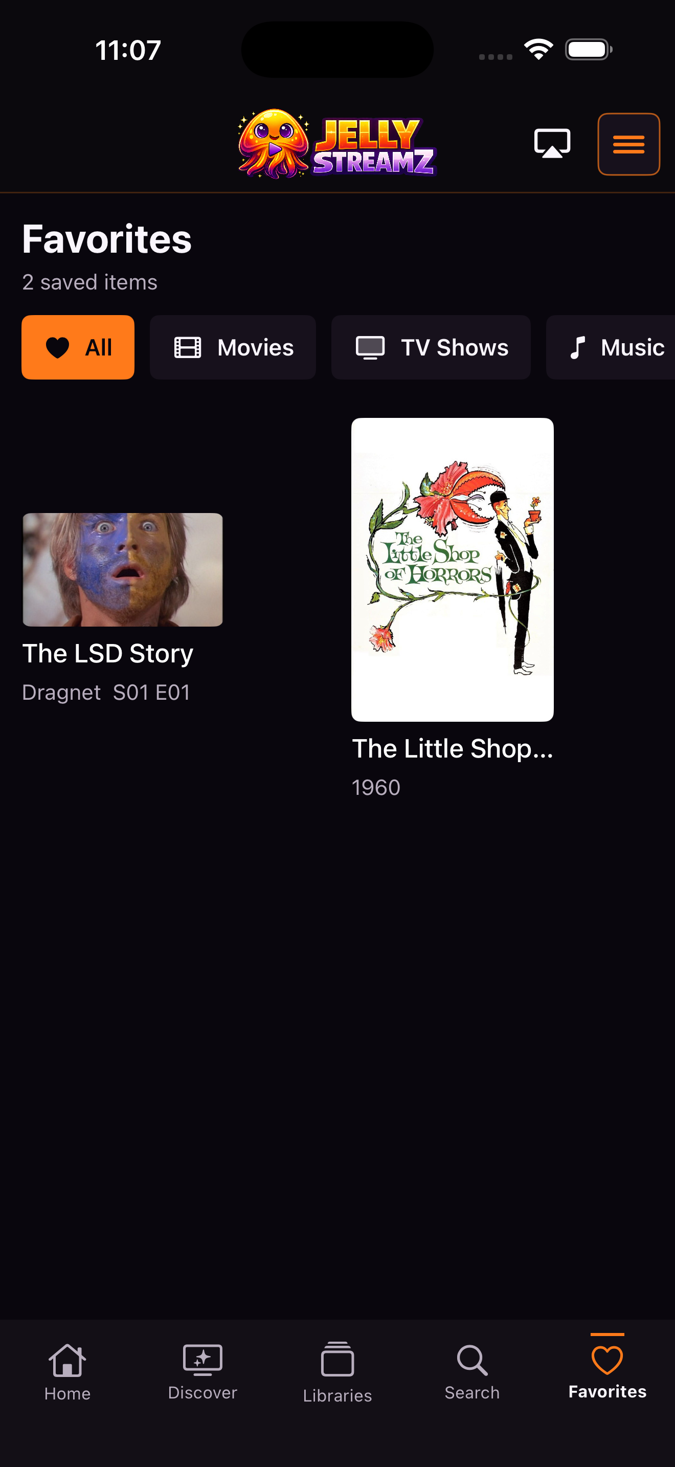 JellyStreamz Favorites screen on iPhone