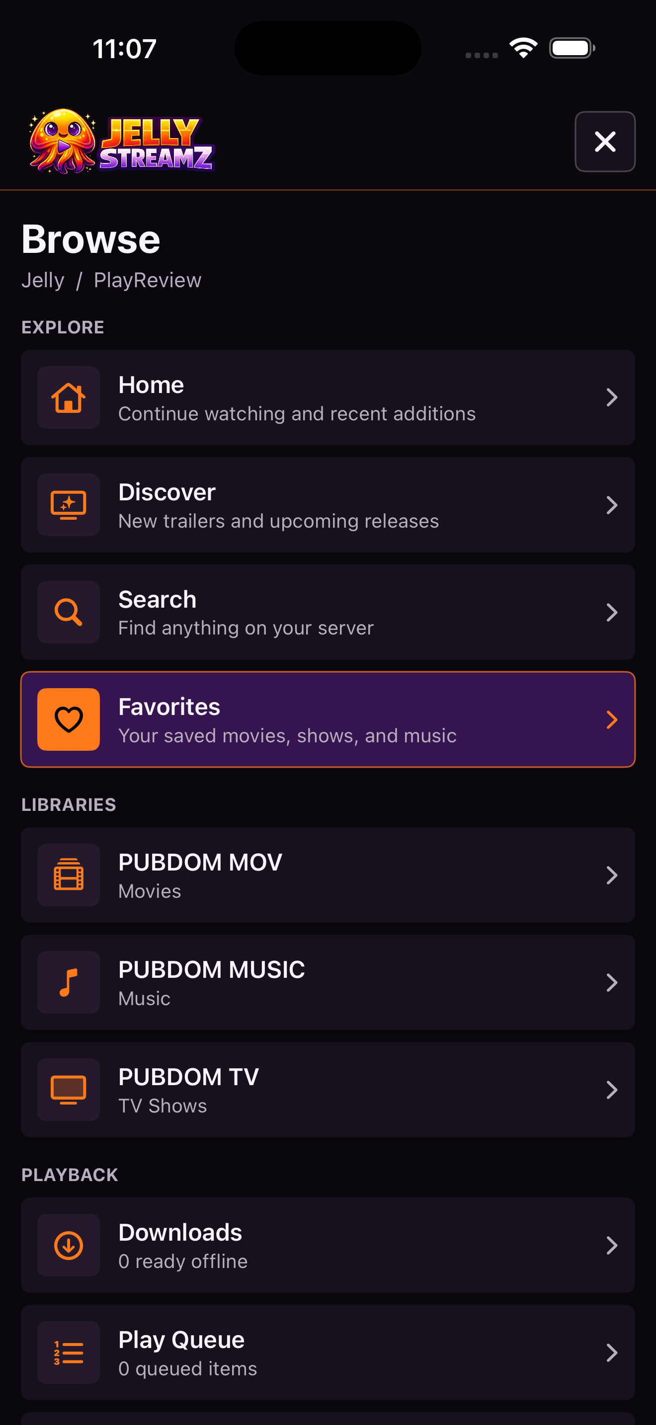JellyStreamz Menu screen on iPhone