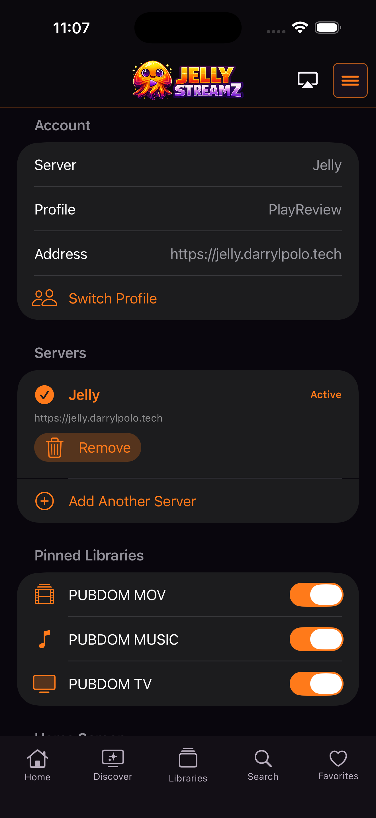 JellyStreamz Settings screen on iPhone