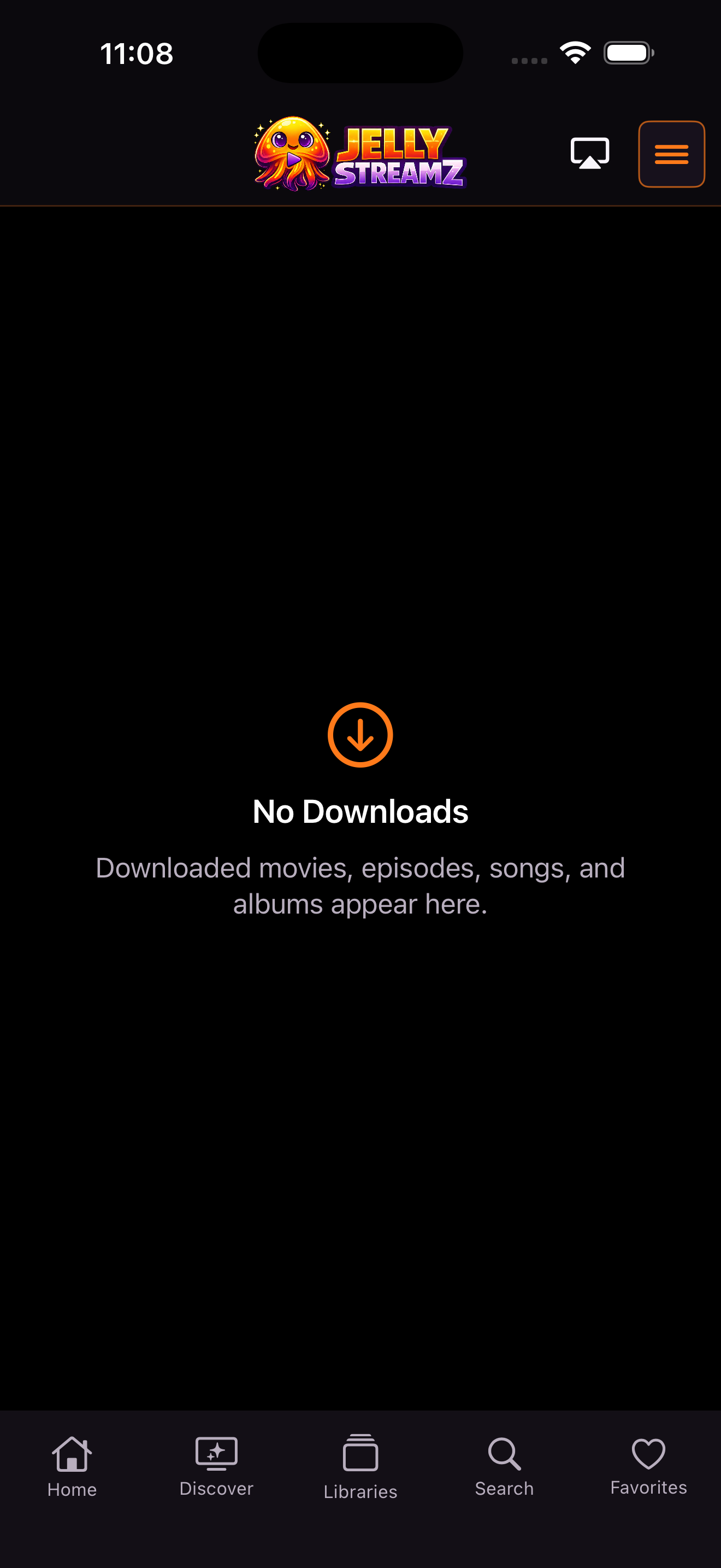 JellyStreamz Downloads screen on iPhone