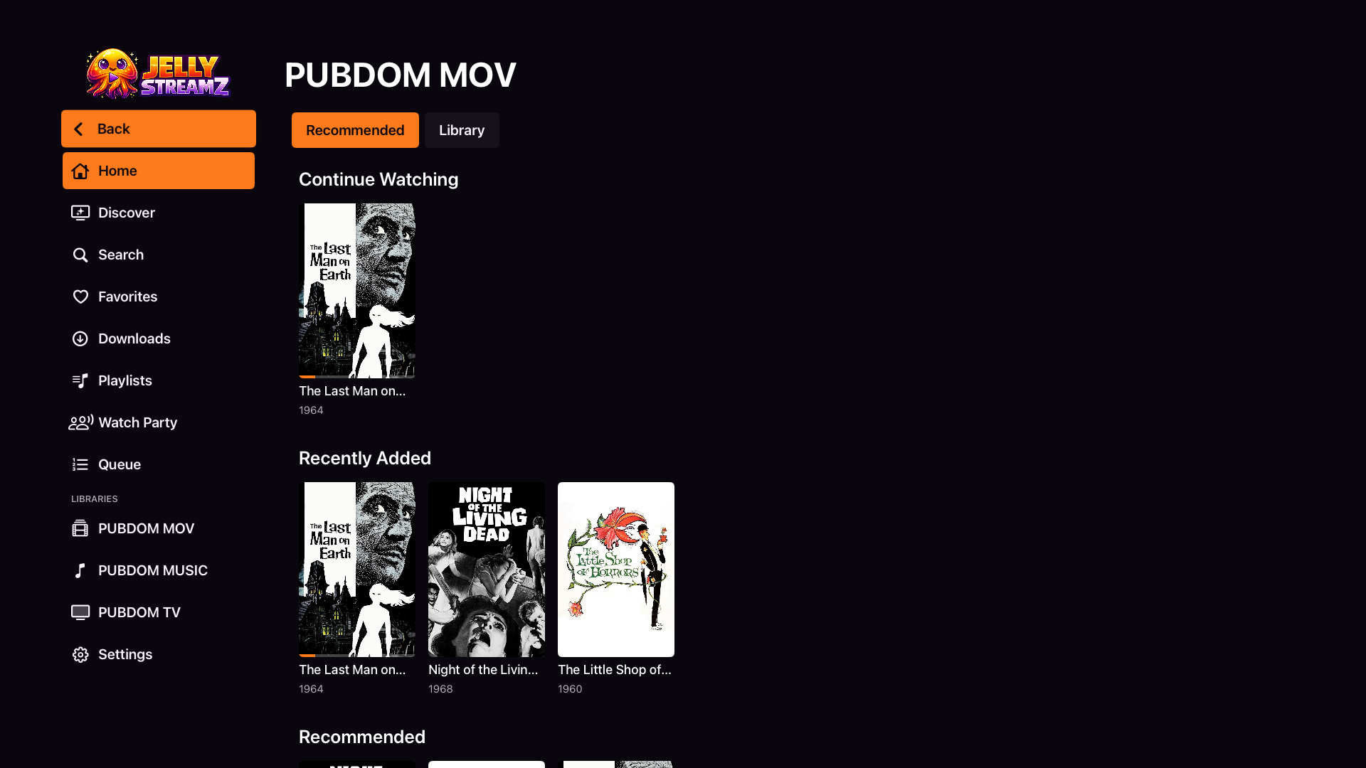 JellyStreamz Movies Recommended screen on Apple TV
