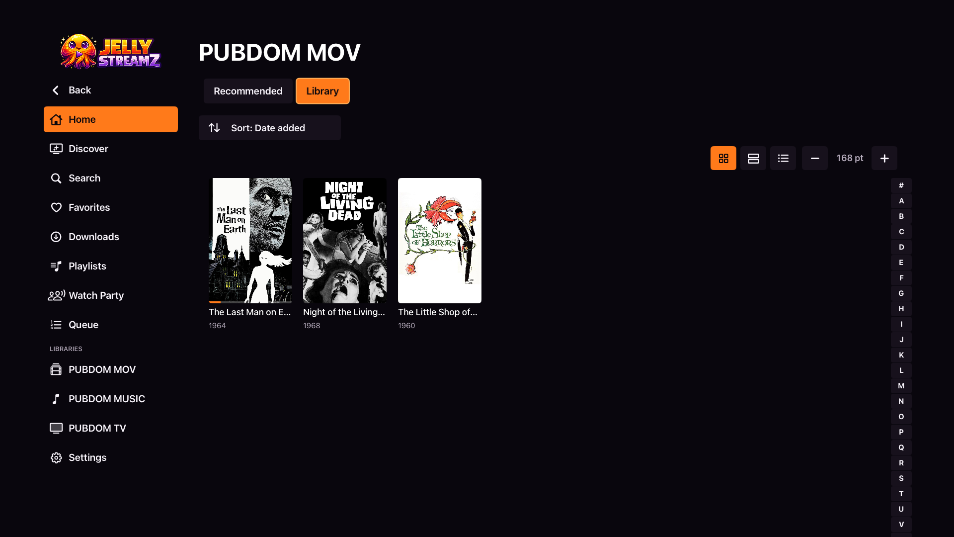 JellyStreamz Movie Library screen on Apple TV