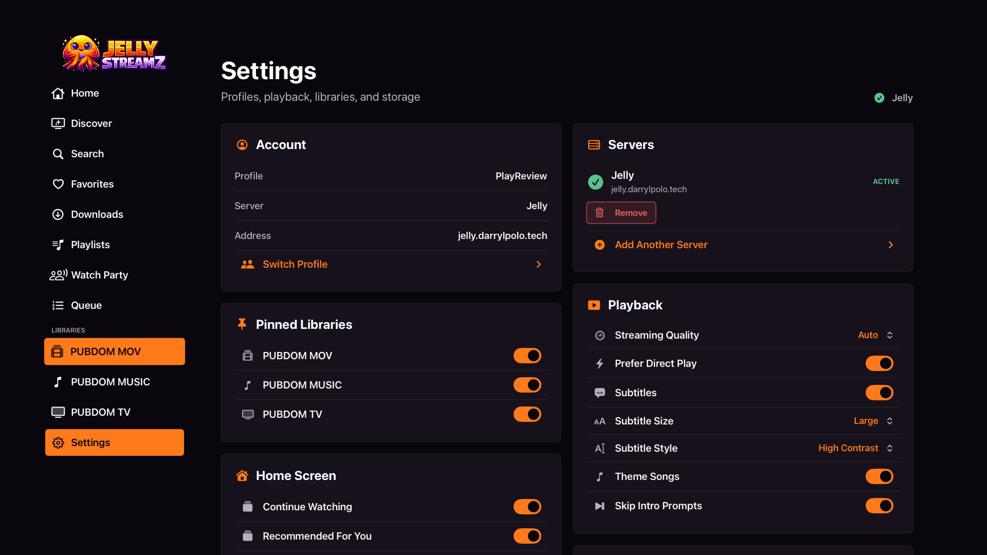 JellyStreamz Settings screen on Apple TV