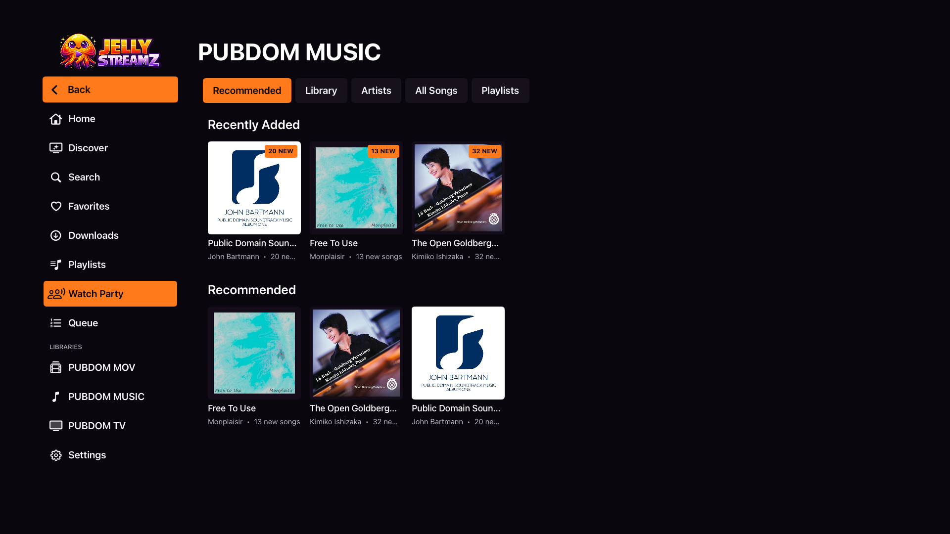 JellyStreamz Music Recommended screen on Apple TV