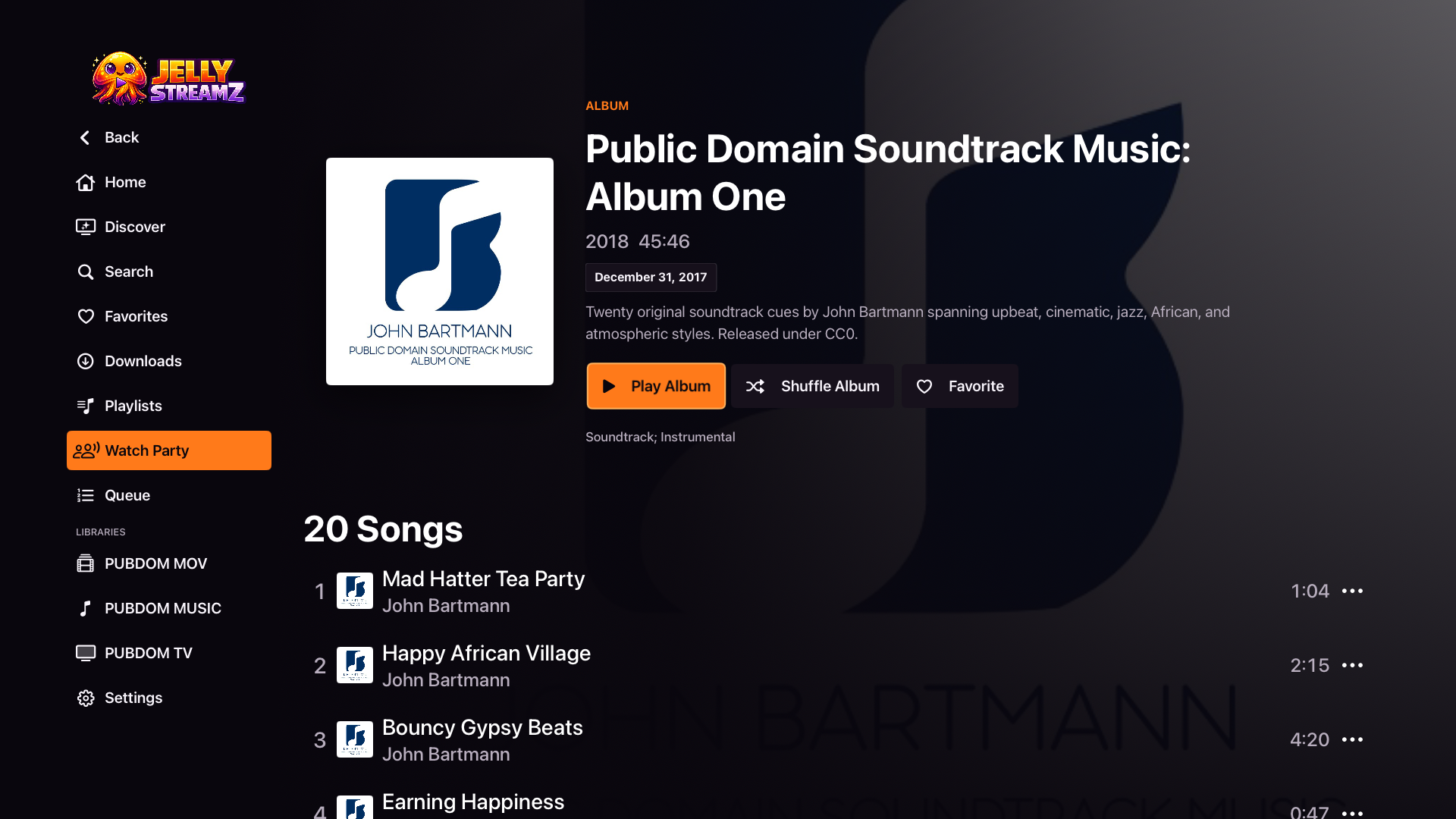 JellyStreamz Album Detail screen on Apple TV