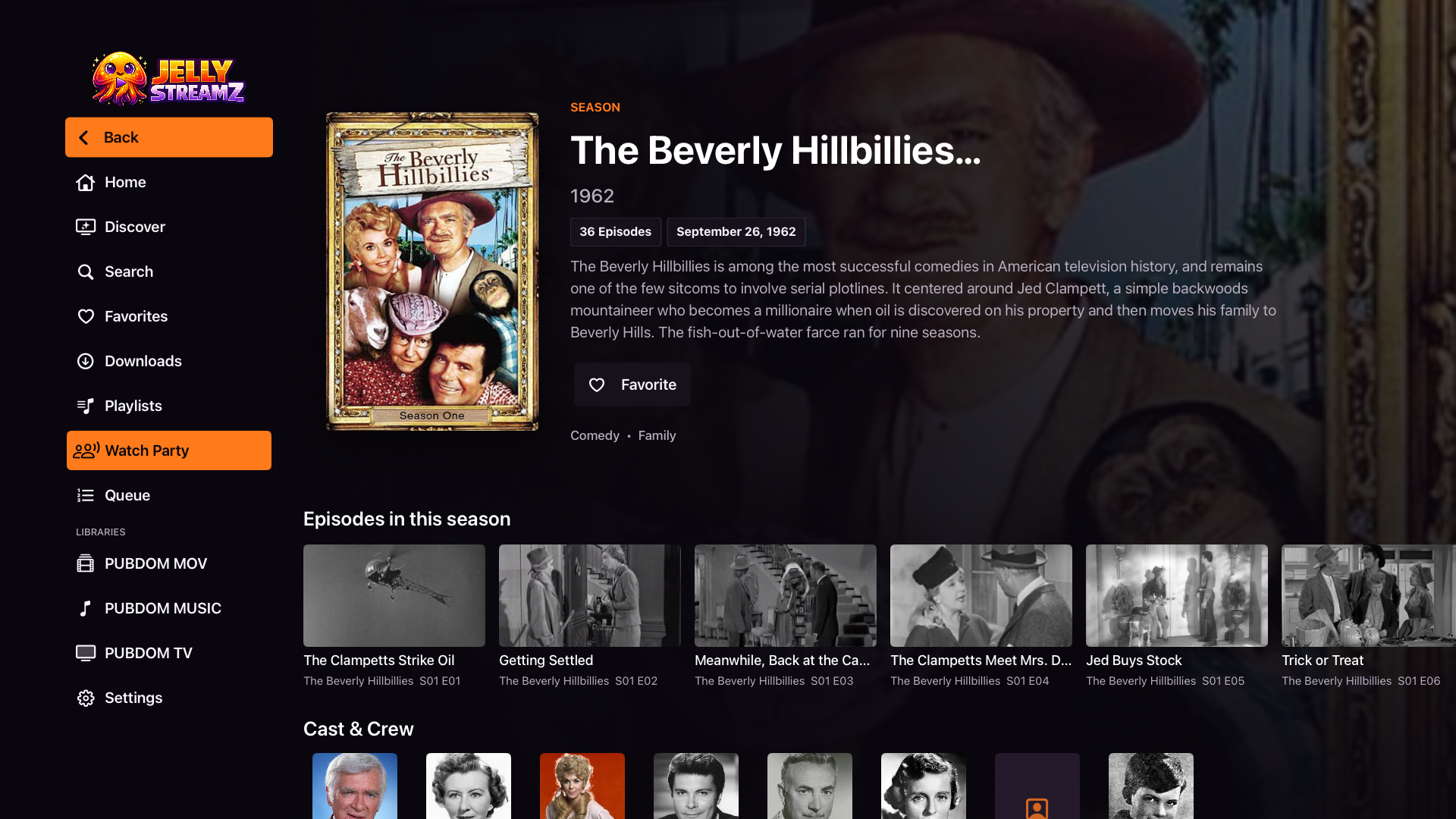 JellyStreamz Season Episodes screen on Apple TV