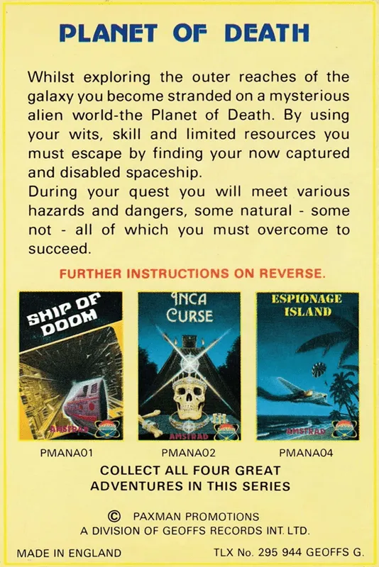 Adventure A: The Planet of Death box back