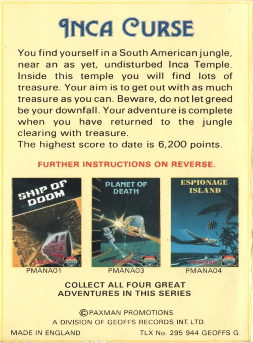 Adventure B: Inca Curse box back