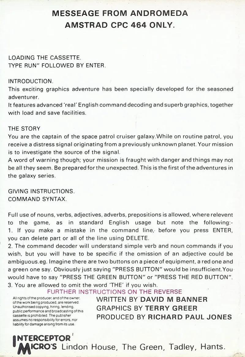 Message from Andromeda box back