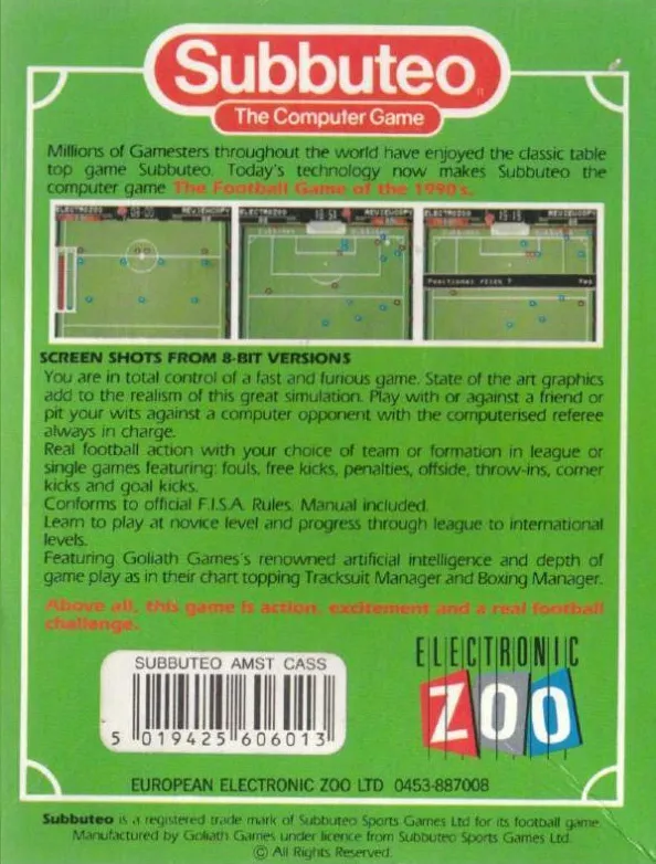 Subbuteo: The Computer Game box back