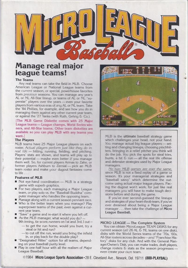 MicroLeague Baseball box back