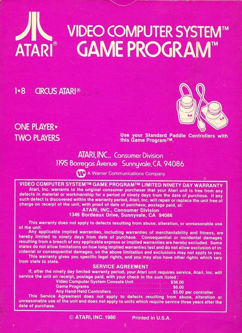Circus Atari box back