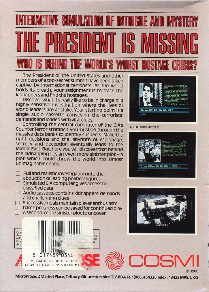 The President is Missing box back