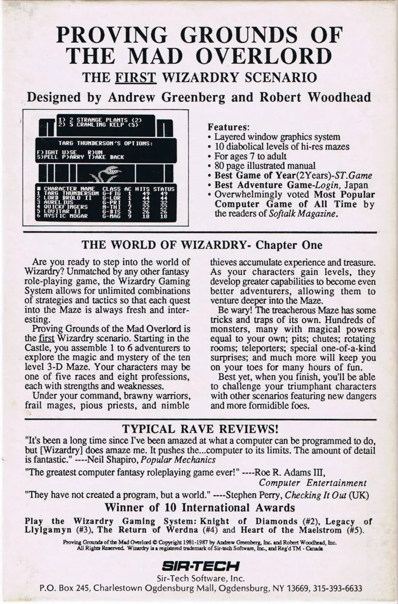 Wizardry: Proving Grounds of the Mad Overlord box back