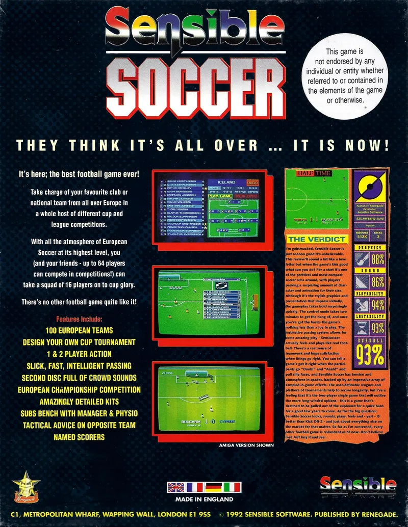 Sensible Soccer: European Champions box back