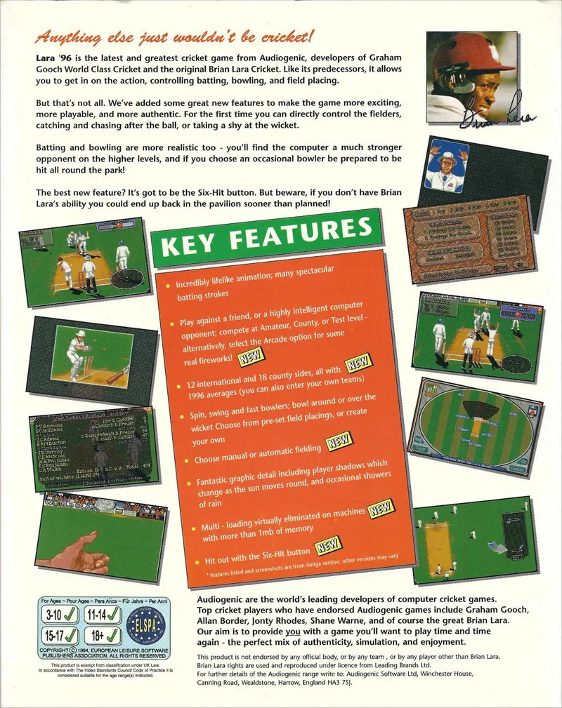 Brian Lara's Cricket 96 box back