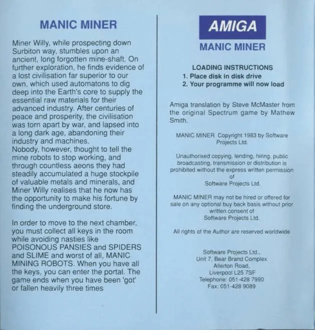 Manic Miner box back