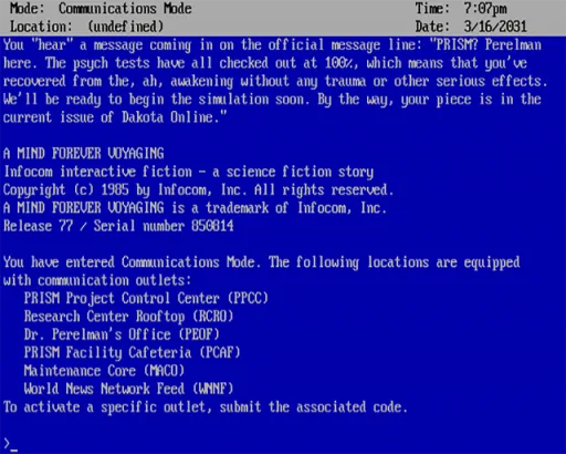 Mind Forever Voyaging, A (USA) (r79) title screen